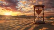 Conceptual image of time with an hourglass having sand dunes inside, twilight desert scene