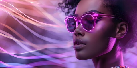 Wall Mural - 1980s retro fashion woman in neon clothes and sunglasses on geometric background. Concept Retro Fashion, 1980s Style, Neon Clothing, Sunglasses, Geometric Background