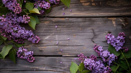 Wall Mural - Blooming lilac branches on wooden backdrop with empty space for text