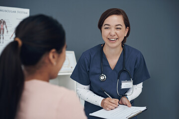 Poster - Doctor, woman and patient or happy with clipboard for consultation in hospital with sick person, medical history and symptoms. Healthcare, expert or notes with question, treatment or smile in checkup