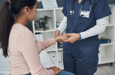 Poster - Doctor, hands and young patient with checkup for arthritis, wrist pain or injury at hospital. Closeup of medical employee, nurse or cardiologist monitoring arm for beat, pulse or joint ache at clinic