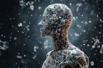 Wall Mural - portrait of a robot with human body made of disintegrating squares and cubes, standing in front of a digital background with abstract particles in space, cybernetics, computer rendering