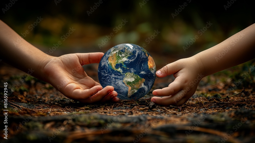 Old hands giving an Earth globe to young hands is a symbolic eco ...