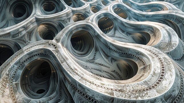 The image is a 3D rendering of a blue and white organic structure. It could be a representation of a coral reef, a cave system, or an alien landscape.