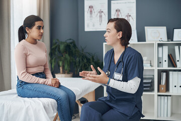 Poster - Doctor, woman and patient talking in office, healthcare and consultation in checkup for diagnosis. Female person, family planning and advice on insurance, communication and medical support or help