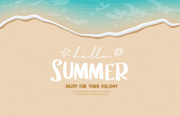 Canvas Print - Hello summer with soft waves and foam on the sandy beach. Summer greeting card.