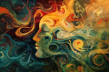 Poster - A dreamlike illustration featuring swirling colors creating the abstract image of a womans head