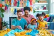 © Ryzhkov - Multiracial Family Creating Handmade Clothing at Home, Laughing in a Brightly Lit Living Room