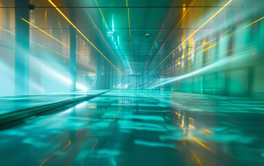 Aufkleber - Futuristic Digital Interface with Dynamic Light Rays Depicting Data Flow in an Empty High-Tech Workspace