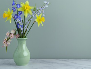 Aufkleber - Elegant Spring Floral Arrangement with Daffodils, Cherry Blossoms, and Forget-Me-Nots in Pastel Green Vase Against Soft Grey Background