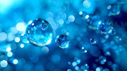 Wall Mural - Ethereal blue water droplets suspended in space with sparkling bokeh background. Artistic macro photography for serene decor. Suitable for calming themes. AI