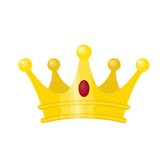 Luxury gold king's crown with oval ruby decoration, cartoon vector isolated illustration