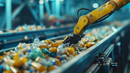 Poster - A captivating image of a robotic arm meticulously picking and sorting plastic waste pieces on a conveyor belt, highlighting the precision and efficiency of modern recycling systems.