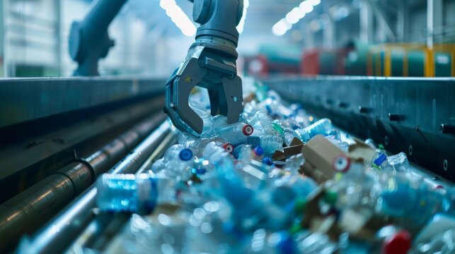 A captivating image of a robotic arm meticulously picking and sorting plastic waste pieces on a conveyor belt, highlighting the precision and efficiency of modern recycling systems.