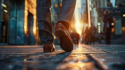 A close-up shot of a person's feet walking on an urban street pavement with blurred city life in the background