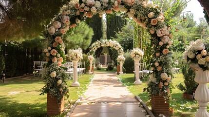 Wall Mural - The wedding ceremony had a beautiful archway decorated with fresh flowers. It was very stylish and stood in the garden. The wedding day was decorated with fresh flowers and peonies.