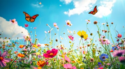 Canvas Print - Vibrant flower meadow under a blue sky with fluttering butterflies. A serene nature scene, perfect for spring and summer themes. Ideal for outdoor and botanical concepts. AI