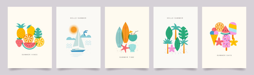 Summer vibe. Minimal abstract poster set. Tropical fruit, pineapple, yacht in the sea, sun, leaf monstera, surfboard, beach, flowers. Vector summer vacation illustrations.