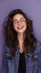 Wall Mural - A woman with wild hair wearing glasses and a denim jacket