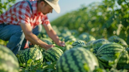 Wall Mural - A farmer inspecting an organic watermelon patch, checking for readiness before harvest.