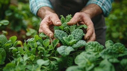 Wall Mural - A farmer using digital tools to manage organic vegetable growth in a greenhouse