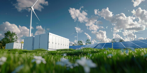 concept of energy storage batteries system, wind power, wind turbines and li-ion battery container, 