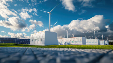 Concept of energy storage batteries system, wind power, wind turbines and Li-ion battery container, and solar panels in the background. Panoramic view with copy space.