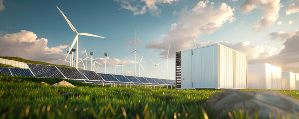 concept of energy storage batteries system, wind power, wind turbines and li-ion battery container, 