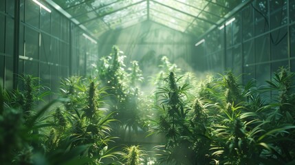 Wall Mural - A greenhouse filled with cannabis plants under controlled lighting