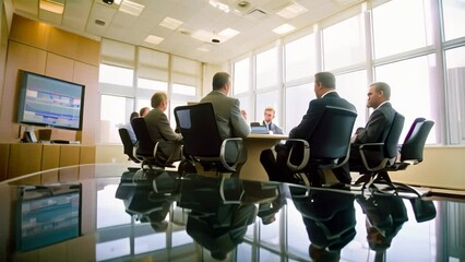 Poster - Executives engage in a boardroom meeting, discussing strategies and decisions at a conference table, A boardroom meeting with executives discussing strategies and plans