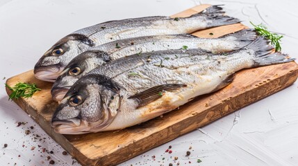 Four freshly cleaned sea breams on a fresh wooden board