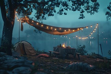 Poster - camping, dinner, lighting summer vibe