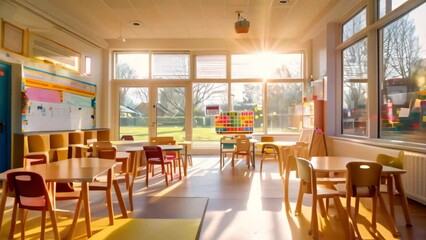 Poster - Bright and airy classroom filled with numerous tables and chairs for students or attendees, A bright and airy classroom illuminated by natural light