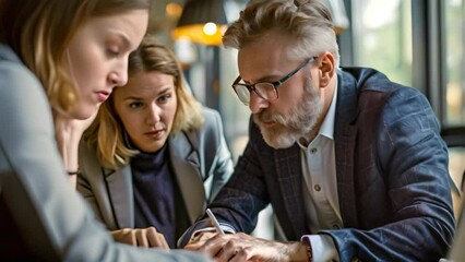 Poster - a man and two women engaged in a business meeting, looking at a laptop screen, a business man consul