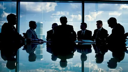 Poster - A group of people, including a businessman, engrossed in a discussion at a table positioned in front of a window, A businessman discussing strategy with a team of professionals at a conference table