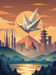 Poster - Serene Origami Boat on Water at Sunset with Eastern Cityscape