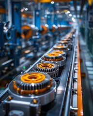 An overhead conveyor system transporting auto parts across different sections of a factory