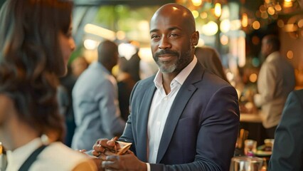 Sticker - A man in business attire sitting at a table in a restaurant, possibly networking or having a meeting, A businessman networking at a social event, shaking hands