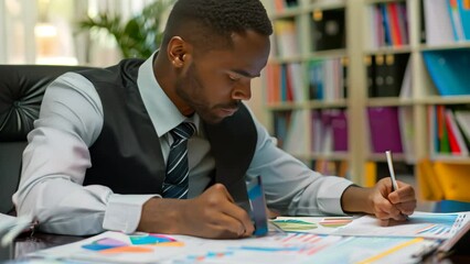Poster - a man sits at a desk, focused on writing on a piece of paper, possibly financial documents, a busine