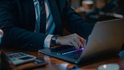 Poster - a man dressed in a suit and tie is sitting at a desk, focused on typing on a laptop, a businessman s