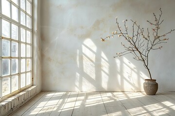 Natural light rays casting minimal shadows on white wall