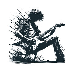 Canvas Print - The guitarist. Black white vector illustration logo. 