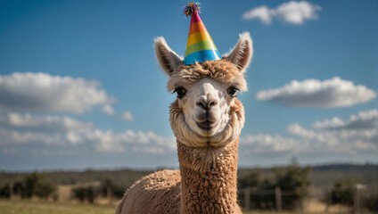 Wall Mural - charismatic alpaca wearing a colorful party hat against a clear blue sky backdrop