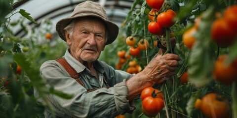 An elderly farmer tying up organic tomato plants in a traditional greenhouse.