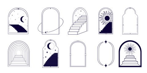 Wall Mural - thin line arch frame door stairs, sun and stars collection, mystic portal, astrology border, decorat