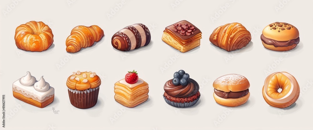 An illustrations of desserts that bring back the memories of Paris, baguettes, Croissant, Aclair, Brioche, Profiteroles, Pain au chocolat, white background 
