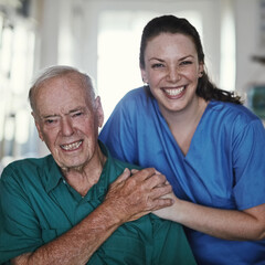 Wall Mural - Senior, happy man and portrait with caregiver in healthcare for support, elderly care or trust together at old age home. Male person, medical nurse or volunteer with patient in retirement at house