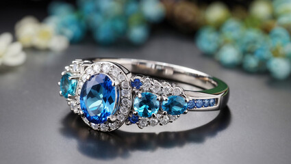 This is a ring with an oval blue center stone, flanked by two rows of alternating round blue and purple stones, and surrounded by a halo of tiny white stones.

