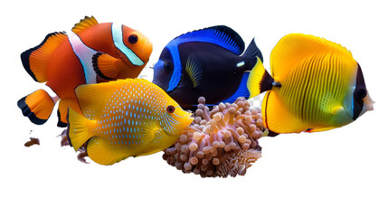 A group of colorful tropical fish swimming among the corals, isolated on transparent background, png file