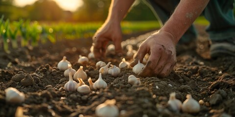 Close-up of a farmer planting organic garlic bulbs in neat rows.